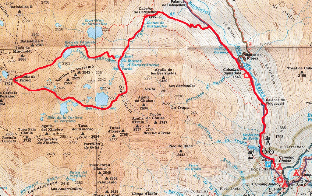 Carte_Batisielles.jpg - Carte à utiliser : Posets-Maladetta - éditions ALPINA  - Accès : Bénasque ; continuer vers le nord jusqu'au camping Chuisé.   8h pour la boucle en bivouacant près du lac d'Escarpinosa
