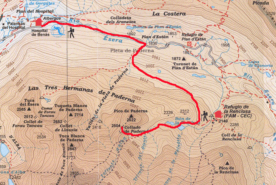 Carte_Paderna.jpg - Carte à utiliser : Posets-Maladetta - éditions ALPINA  - Accès : Bénasque ; continuer vers le nord jusqu'au pla de l'Hospital de Bénasque.   2 h30 pour la montée