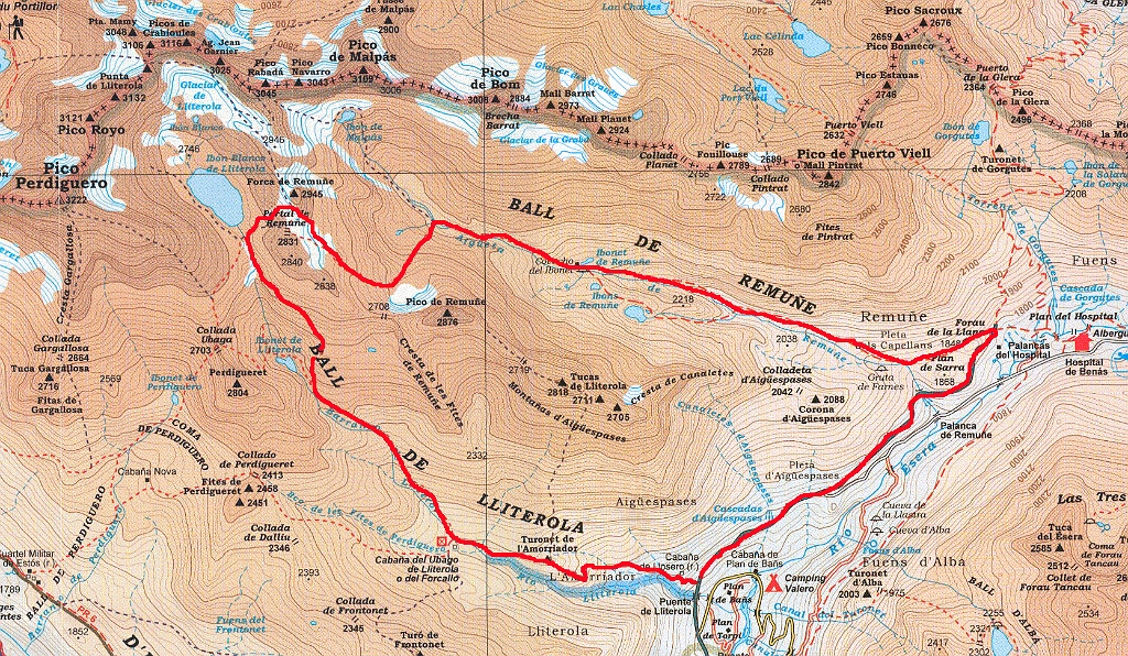 Carte_Literole.jpg - Carte à utiliser : Posets-Maladetta - éditions ALPINA  - Accès : Bénasque ; continuer vers le nord ; départ au pont qui enjambe le Literole.   8 h pour la boucle 